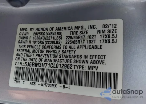 2012 Honda Cr-V Ex-L из США, поврежденный, VIN 5J6RM3H71CL012962